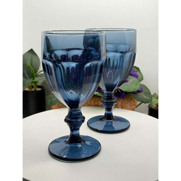 Pair Of Vintage Libbey Duratuff 6.75" Blue Gibraltar Goblet Water Iced Tea Glass - Picture 3 of 5